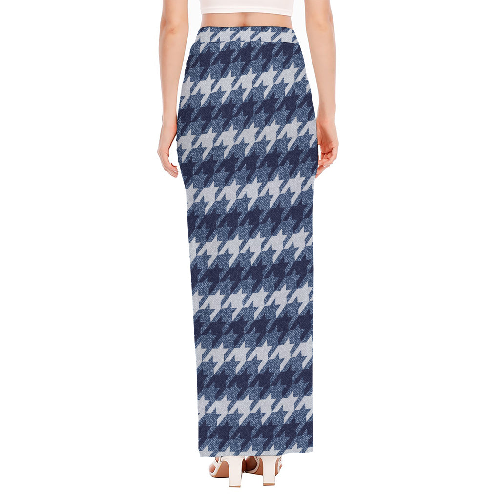 Denim Houndstooth Pattern Print High Slit Maxi Skirt