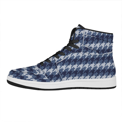 Denim Houndstooth Pattern Print High Top Leather Sneakers