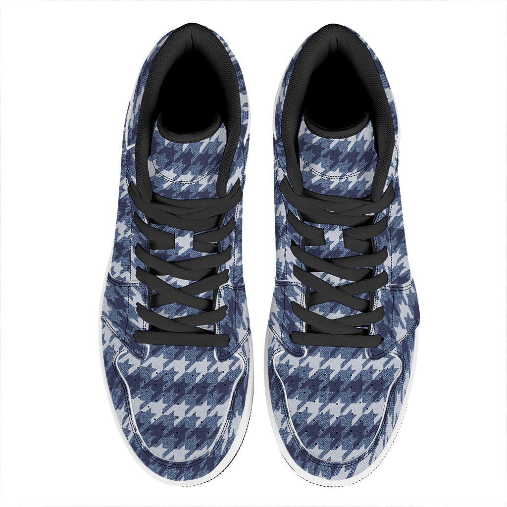 Denim Houndstooth Pattern Print High Top Leather Sneakers
