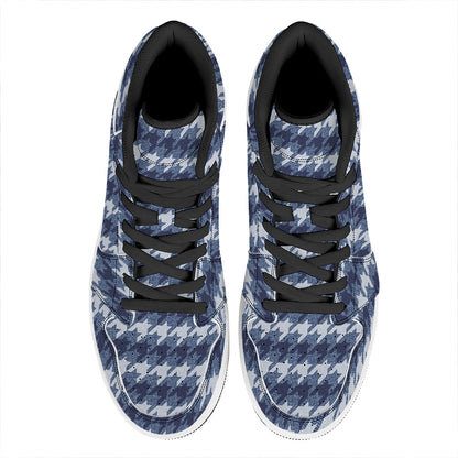 Denim Houndstooth Pattern Print High Top Leather Sneakers