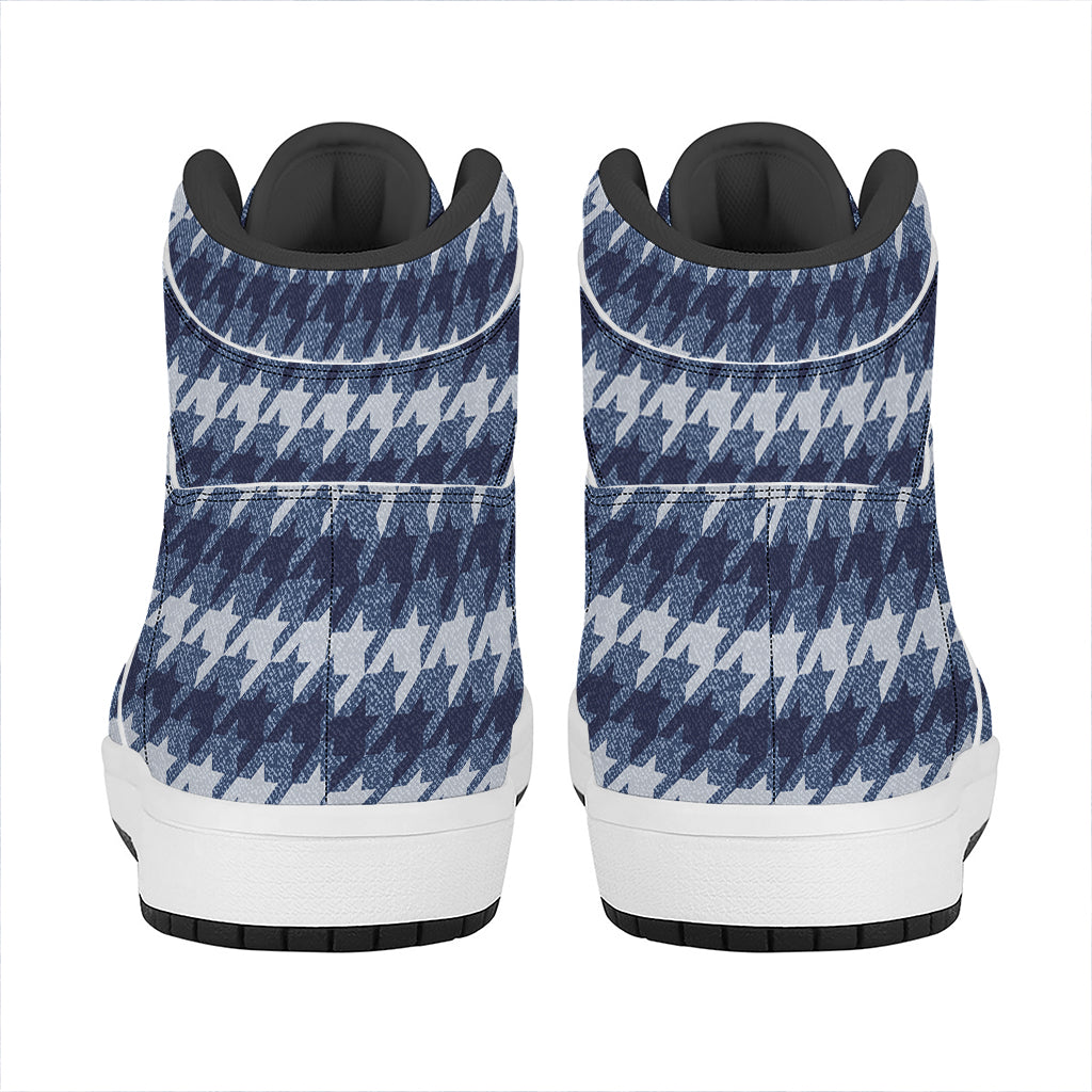 Denim Houndstooth Pattern Print High Top Leather Sneakers