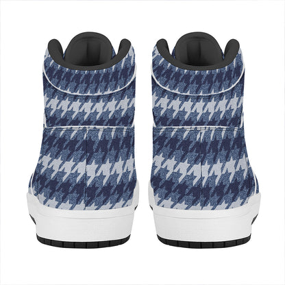 Denim Houndstooth Pattern Print High Top Leather Sneakers