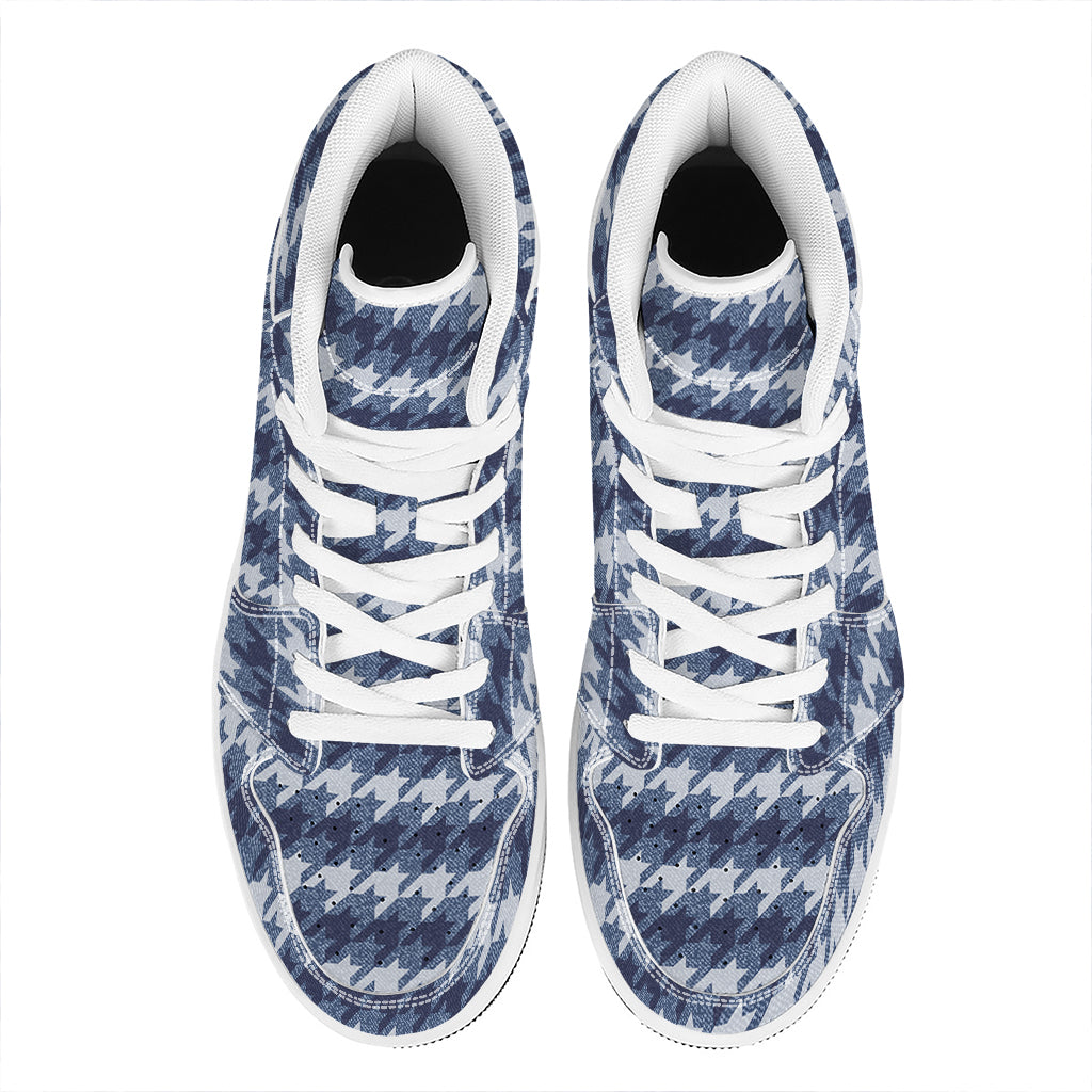 Denim Houndstooth Pattern Print High Top Leather Sneakers