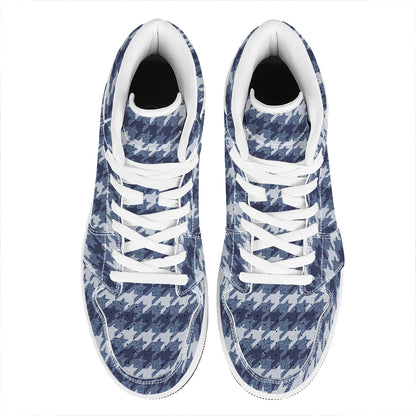 Denim Houndstooth Pattern Print High Top Leather Sneakers