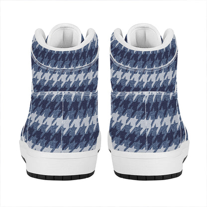 Denim Houndstooth Pattern Print High Top Leather Sneakers