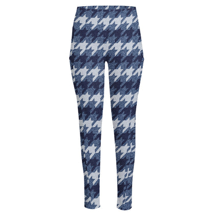 Denim Houndstooth Pattern Print High-Waisted Pocket Leggings