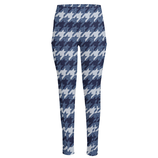 Denim Houndstooth Pattern Print High-Waisted Pocket Leggings