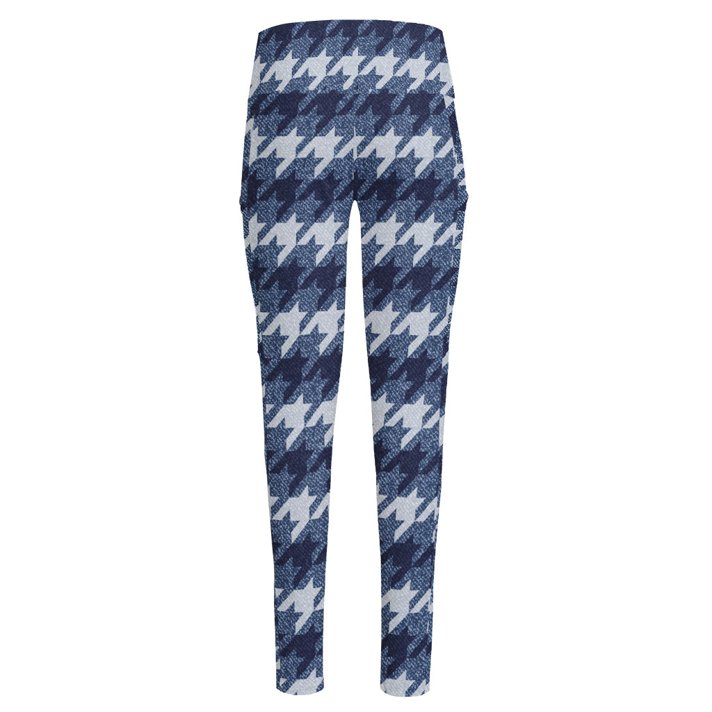 Denim Houndstooth Pattern Print High-Waisted Pocket Leggings