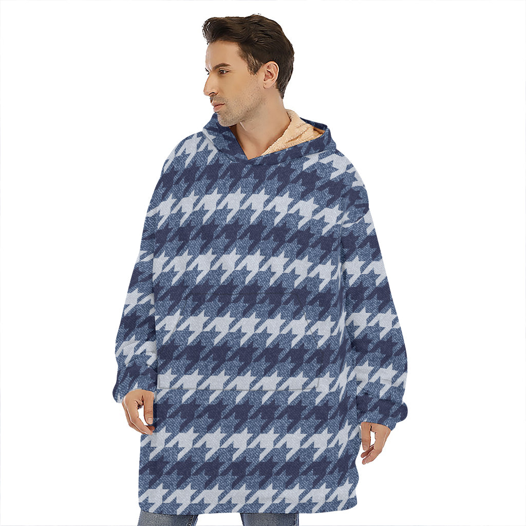 Denim Houndstooth Pattern Print Hoodie Blanket