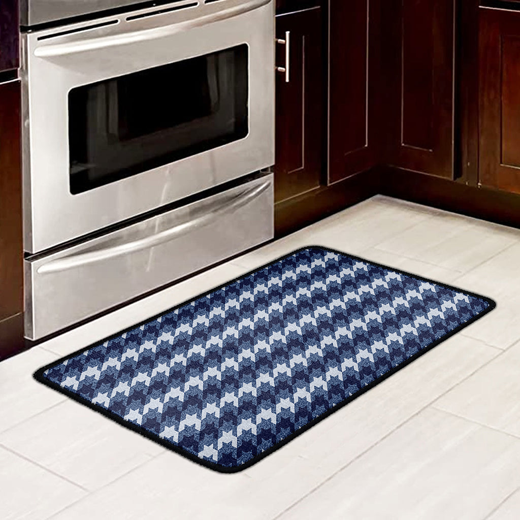Denim Houndstooth Pattern Print Kitchen Mat