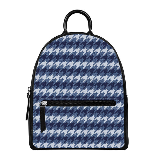 Denim Houndstooth Pattern Print Leather Backpack