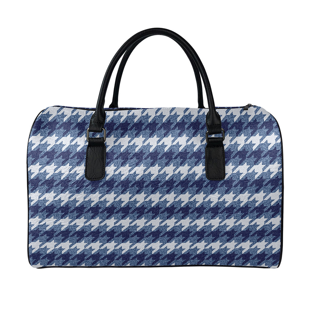 Denim Houndstooth Pattern Print Leather Duffle Bag