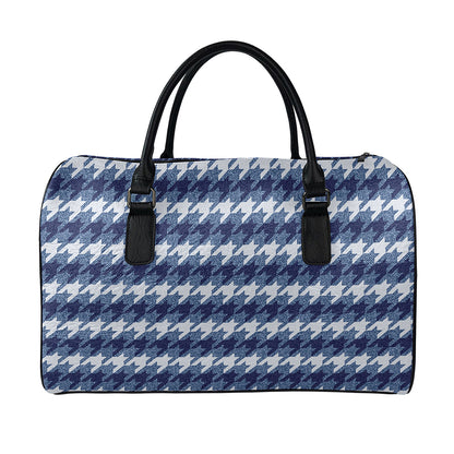 Denim Houndstooth Pattern Print Leather Duffle Bag