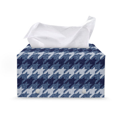 Denim Houndstooth Pattern Print Leather Tissue Box Cover