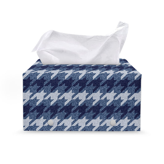 Denim Houndstooth Pattern Print Leather Tissue Box Cover