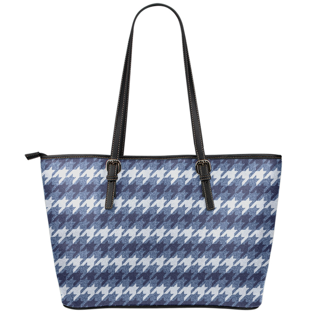 Denim Houndstooth Pattern Print Leather Tote Bag