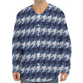 Denim Houndstooth Pattern Print Long Sleeve Baseball Jersey