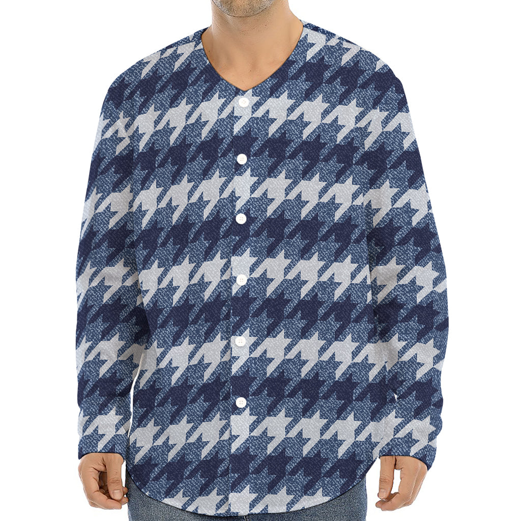 Denim Houndstooth Pattern Print Long Sleeve Baseball Jersey