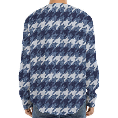 Denim Houndstooth Pattern Print Long Sleeve Baseball Jersey