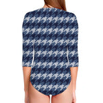 Denim Houndstooth Pattern Print Long Sleeve Swimsuit