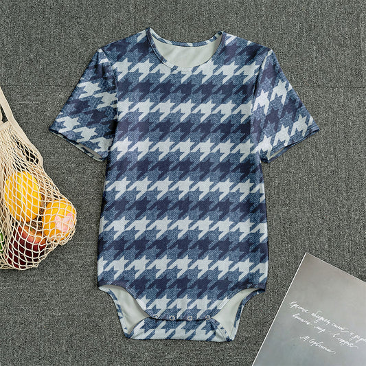 Denim Houndstooth Pattern Print Men's Bodysuit