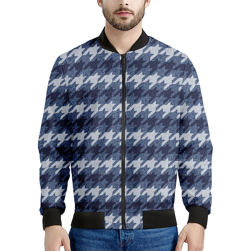 Denim Houndstooth Pattern Print Men's Bomber Jacket