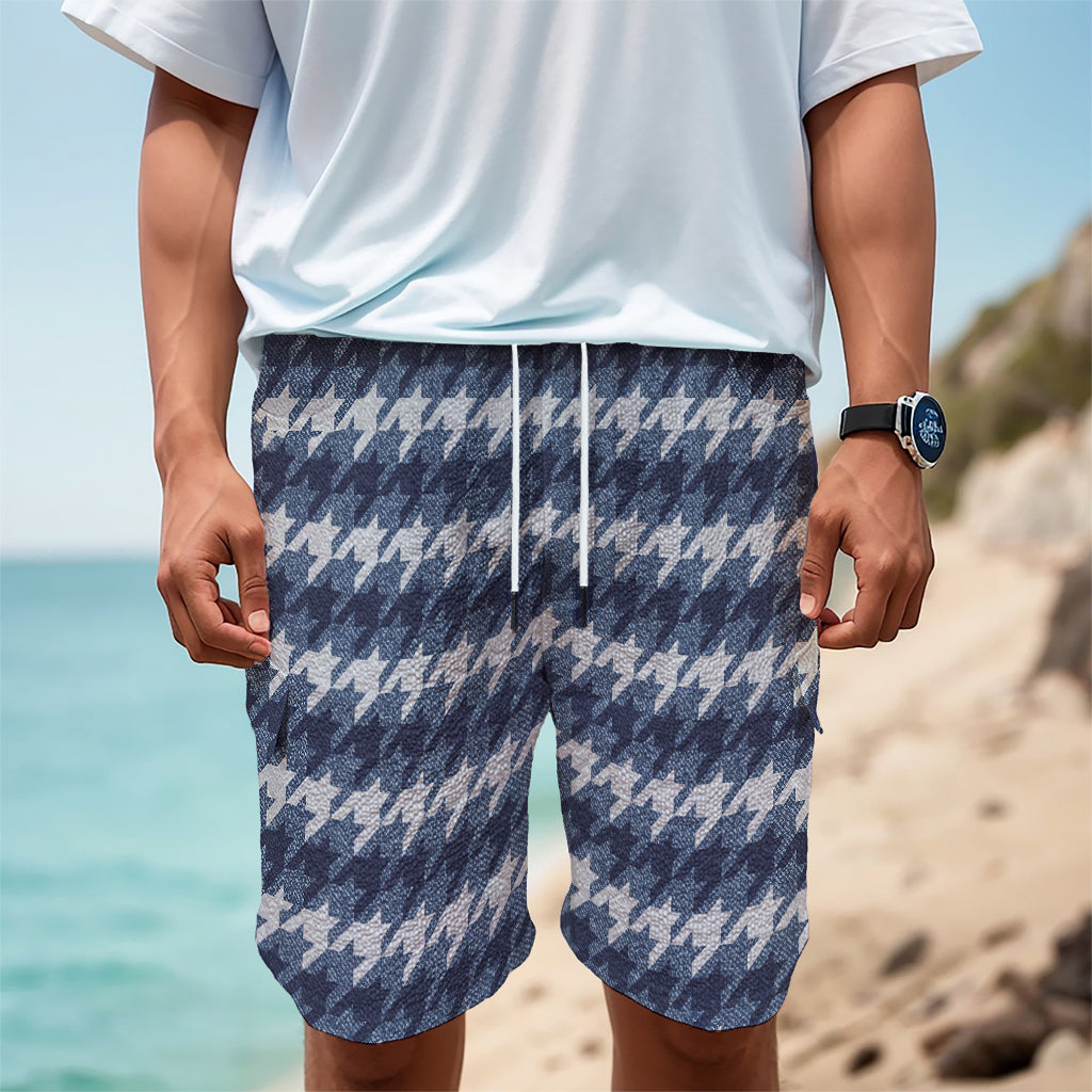 Denim Houndstooth Pattern Print Men's Cargo Shorts