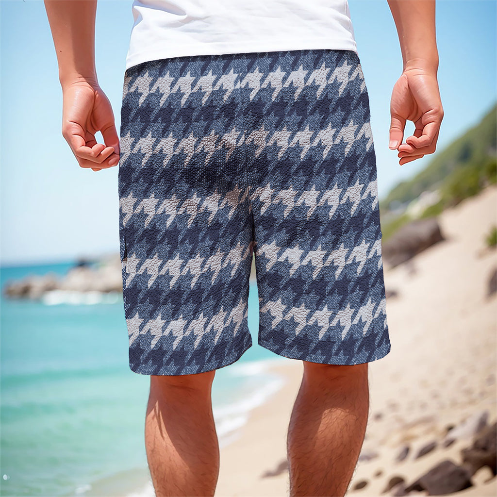 Denim Houndstooth Pattern Print Men's Cargo Shorts