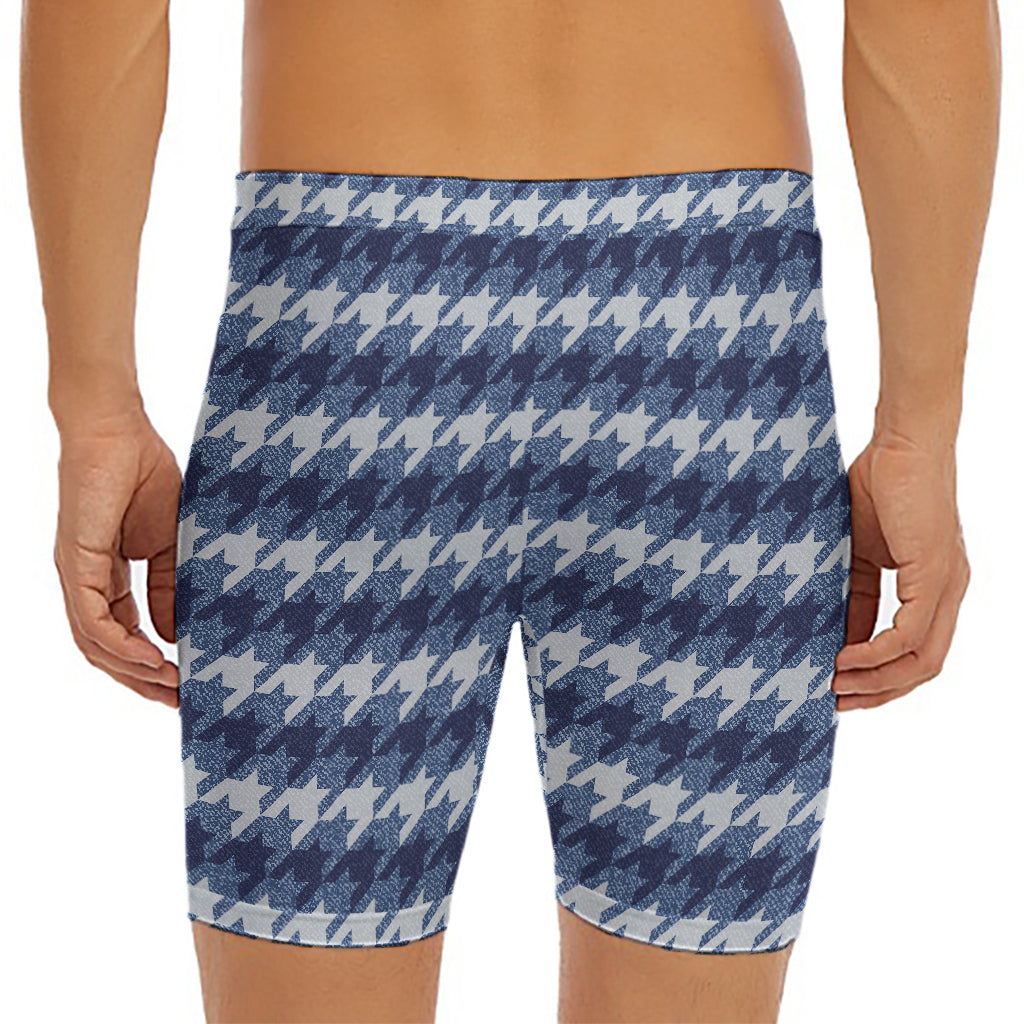 Denim Houndstooth Pattern Print Men's Long Boxer Briefs