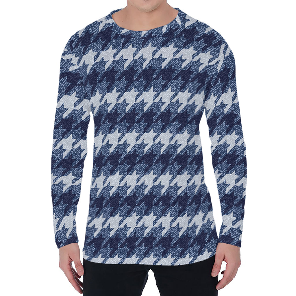 Denim Houndstooth Pattern Print Men's Long Sleeve T-Shirt