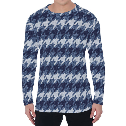 Denim Houndstooth Pattern Print Men's Long Sleeve T-Shirt
