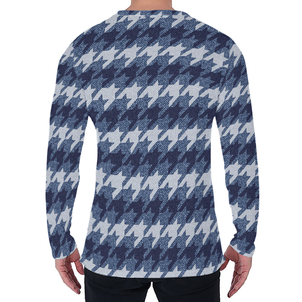 Denim Houndstooth Pattern Print Men's Long Sleeve T-Shirt