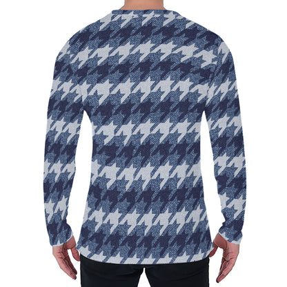 Denim Houndstooth Pattern Print Men's Long Sleeve T-Shirt