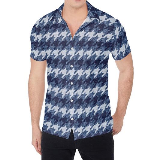 Denim Houndstooth Pattern Print Men's Shirt