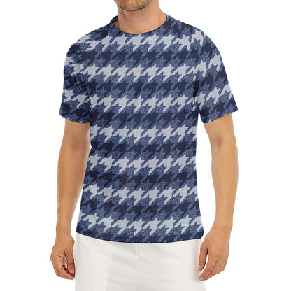 Denim Houndstooth Pattern Print Men's Short Sleeve Rash Guard