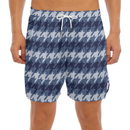 Denim Houndstooth Pattern Print Men's Split Running Shorts
