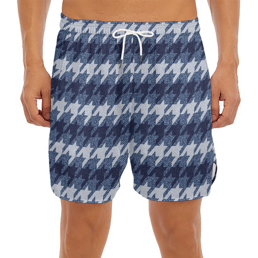 Denim Houndstooth Pattern Print Men's Split Running Shorts