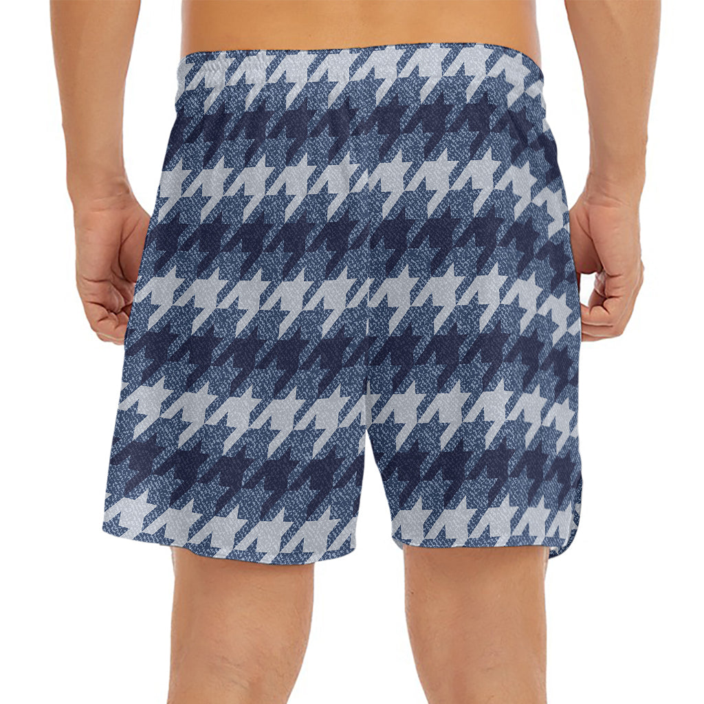 Denim Houndstooth Pattern Print Men's Split Running Shorts