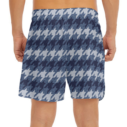 Denim Houndstooth Pattern Print Men's Split Running Shorts