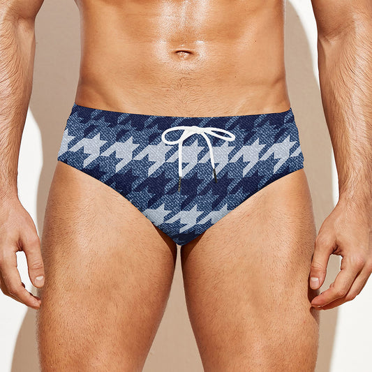 Denim Houndstooth Pattern Print Men's Swim Briefs
