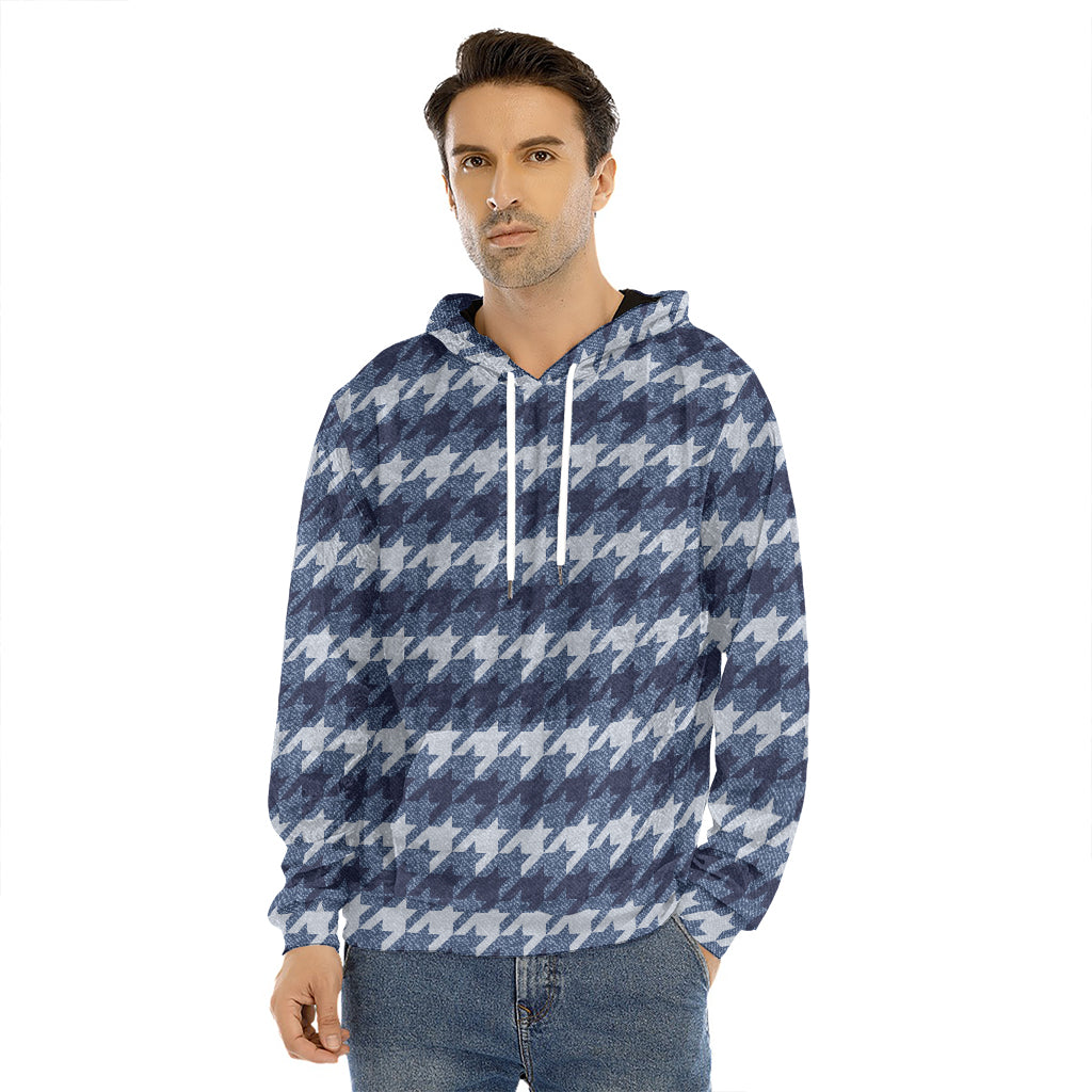 Denim Houndstooth Pattern Print Men's Velvet Pullover Hoodie