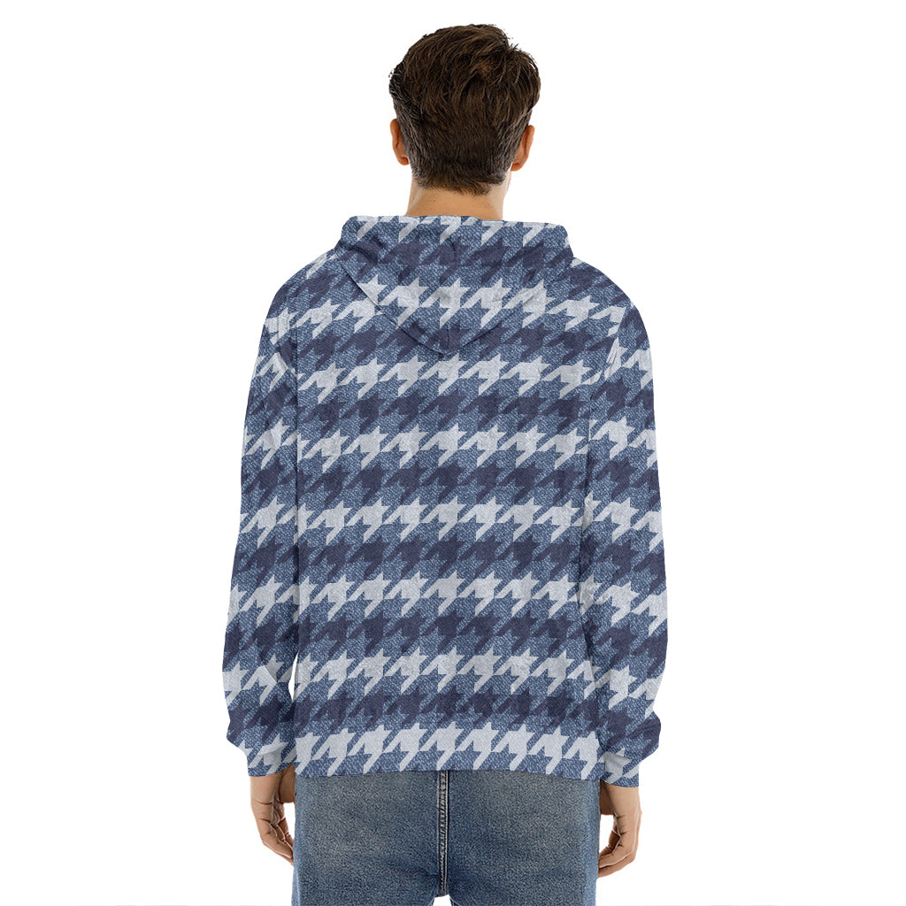 Denim Houndstooth Pattern Print Men's Velvet Pullover Hoodie
