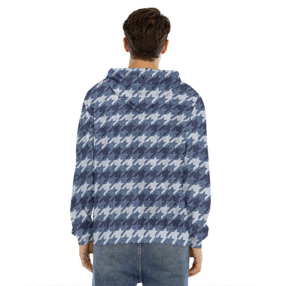 Denim Houndstooth Pattern Print Men's Velvet Pullover Hoodie