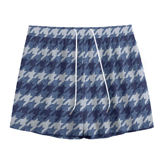 Denim Houndstooth Pattern Print Mesh Shorts