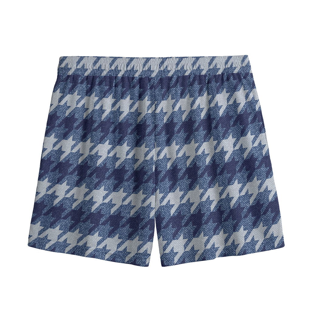 Denim Houndstooth Pattern Print Mesh Shorts