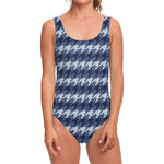 Denim Houndstooth Pattern Print One Piece Swimsuit