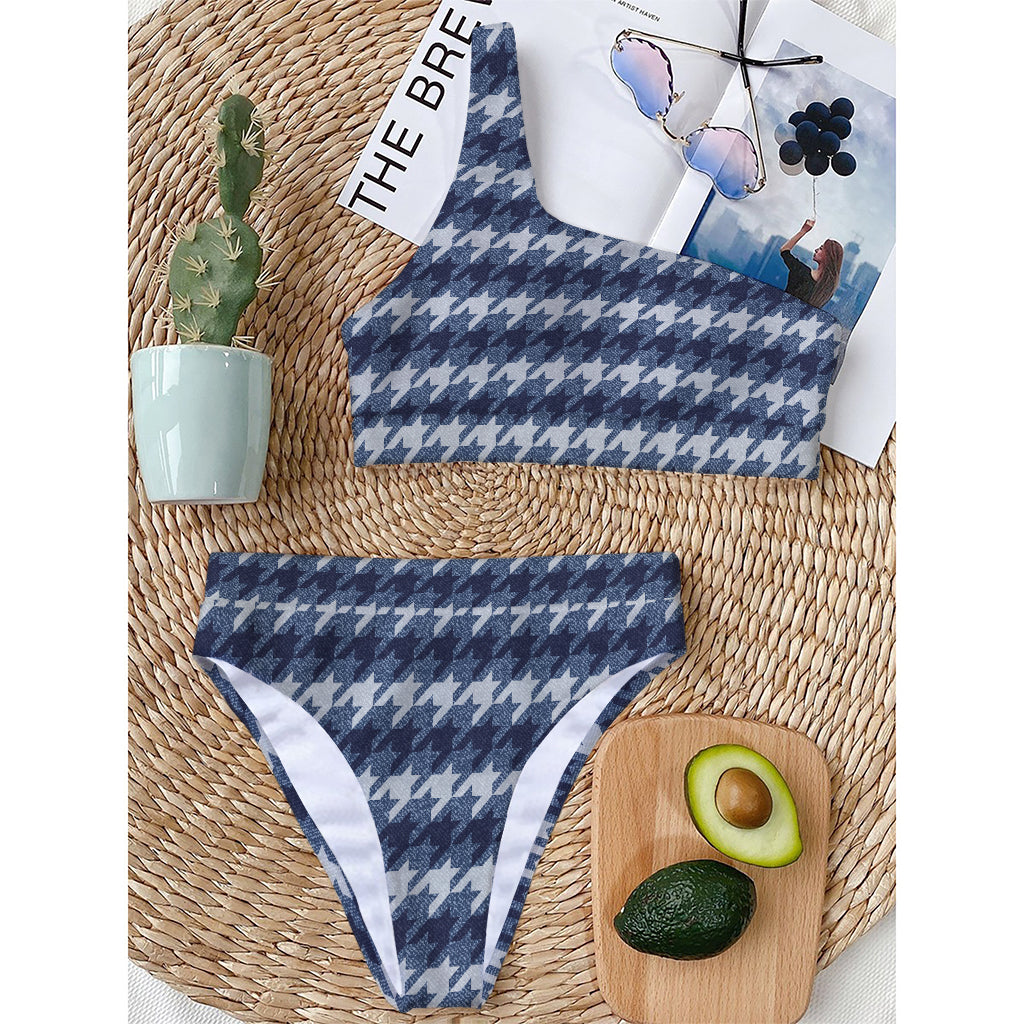 Denim Houndstooth Pattern Print One Shoulder Bikini Top