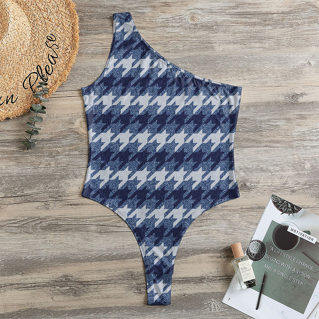 Denim Houndstooth Pattern Print One Shoulder Bodysuit