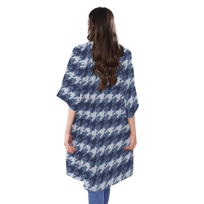 Denim Houndstooth Pattern Print Open Front Beach Cover Up