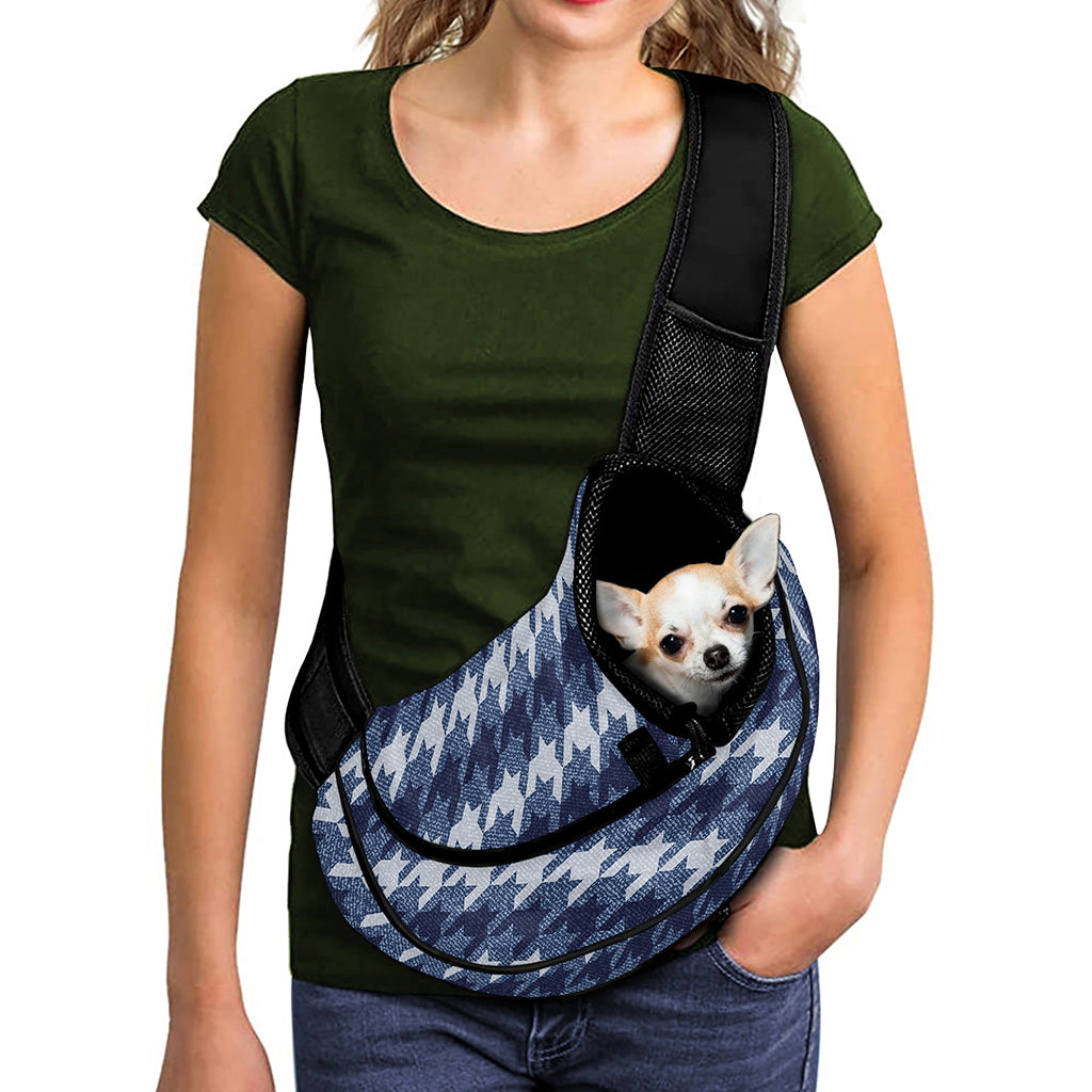 Denim Houndstooth Pattern Print Pet Sling Carrier